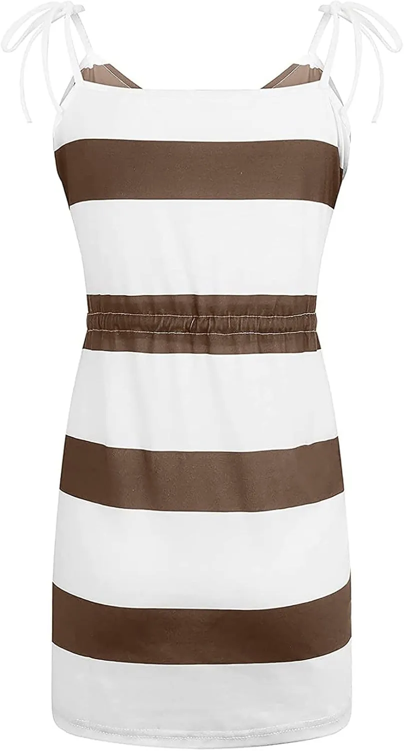 Summer Dresses for Women Adjustable Spaghetti Straps Striped Dress Casual V Neck Mini Dresses with Pockets