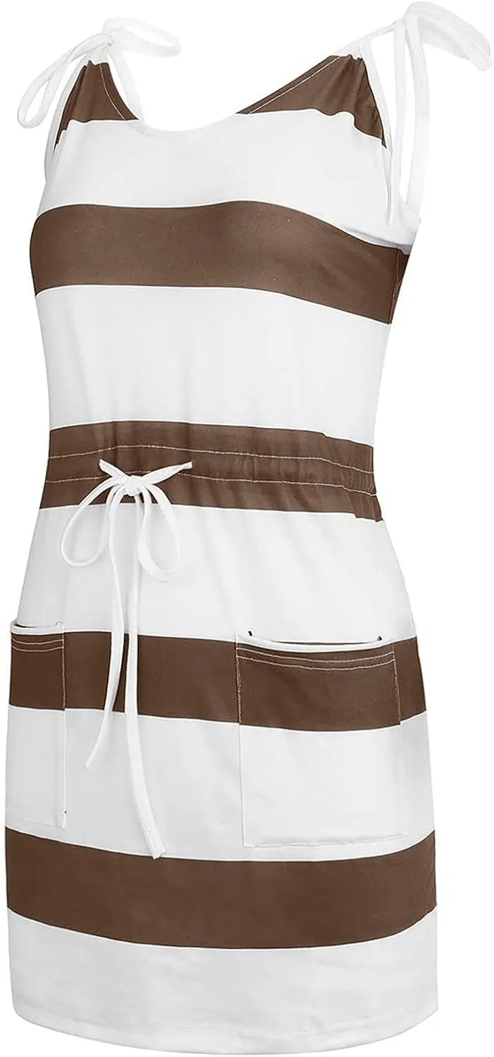 Summer Dresses for Women Adjustable Spaghetti Straps Striped Dress Casual V Neck Mini Dresses with Pockets