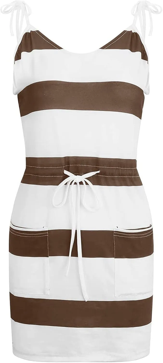 Summer Dresses for Women Adjustable Spaghetti Straps Striped Dress Casual V Neck Mini Dresses with Pockets