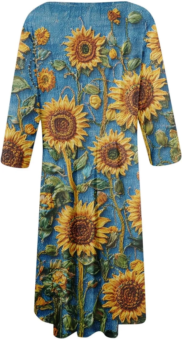 Summer Dresses for Women Aline Flowy Tshirt Dress Casual Floral 3/4 Sleeve Dress Beach Midi Dresses with Pockets
