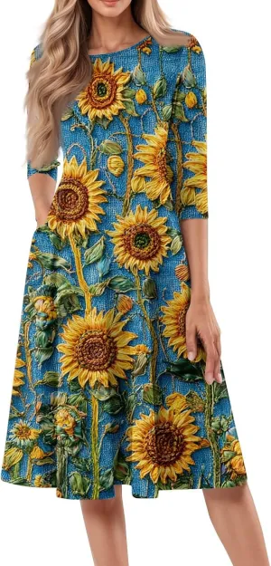 Summer Dresses for Women Aline Flowy Tshirt Dress Casual Floral 3/4 Sleeve Dress Beach Midi Dresses with Pockets
