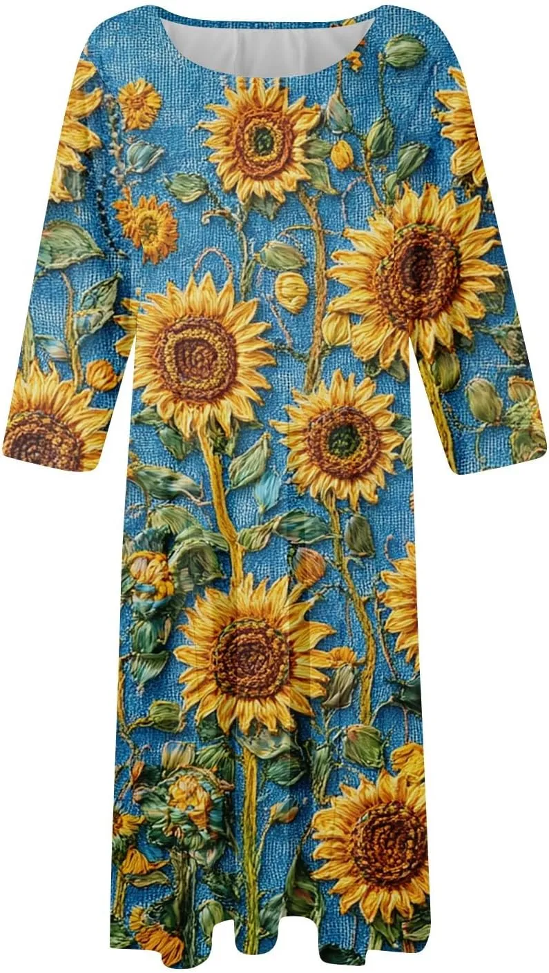 Summer Dresses for Women Aline Flowy Tshirt Dress Casual Floral 3/4 Sleeve Dress Beach Midi Dresses with Pockets