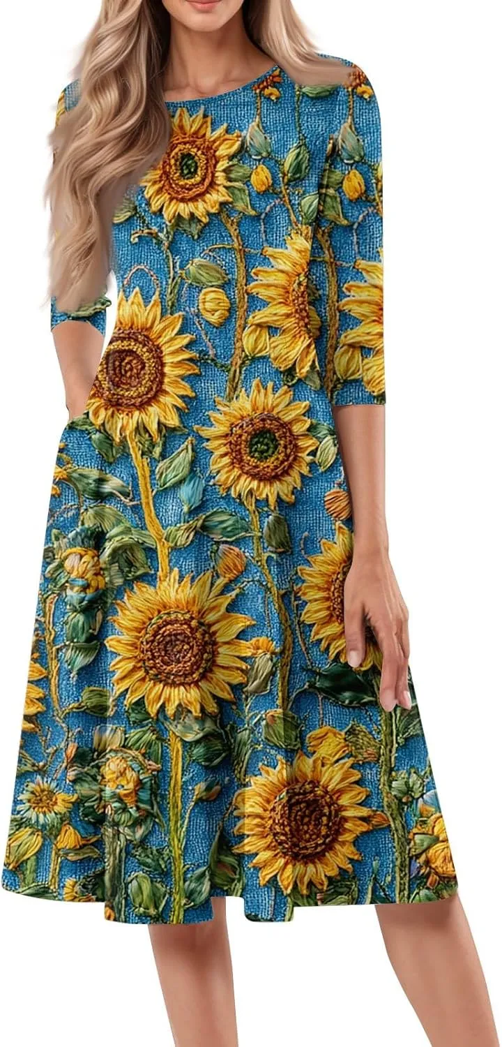 Summer Dresses for Women Aline Flowy Tshirt Dress Casual Floral 3/4 Sleeve Dress Beach Midi Dresses with Pockets
