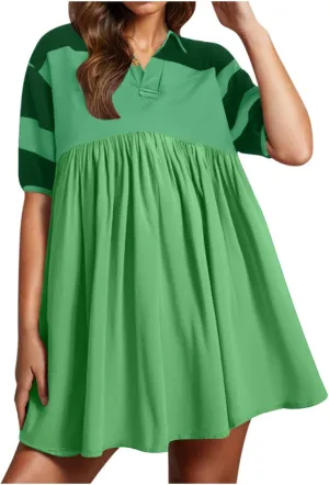Summer Dresses for Women Babydoll Short Sleeve V Neck Shirt Dress Casual Loose Fit Flowy Swing Vacation Mini Dresses