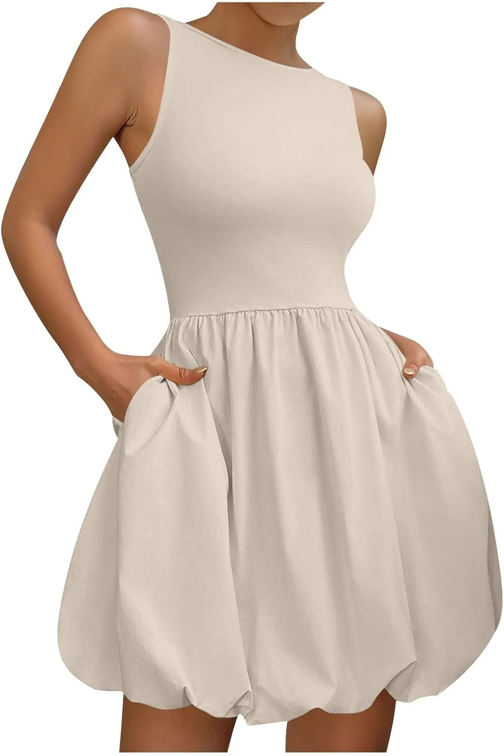 Summer Dresses for Women Casual Sleeveless Mini Bubble Short Tank Dress Cute Drop Waist Cocktail Sundress with Pockets