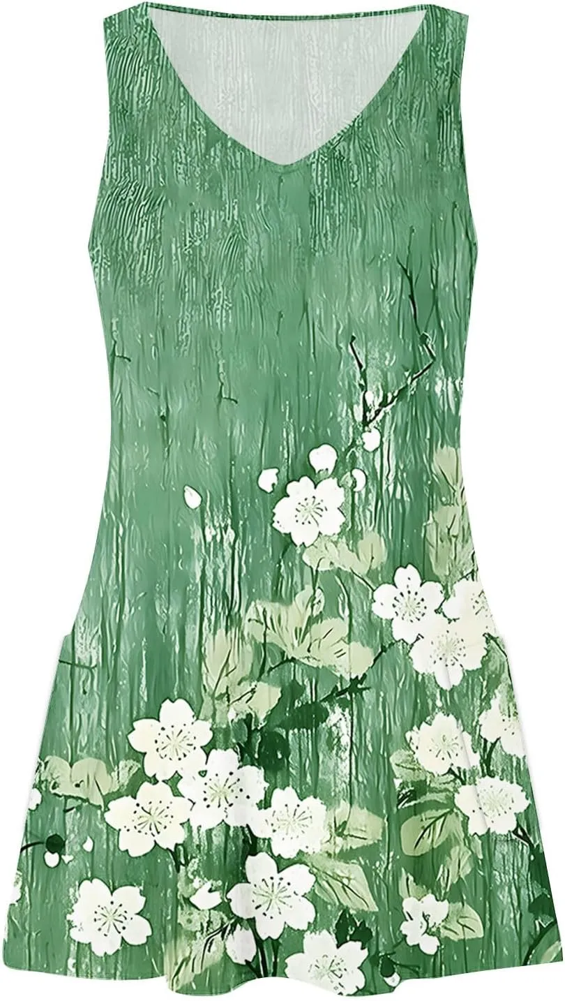 Summer Dresses for Women Fashion Beach Vacation Boho Floral Tunic Dress Sexy v Neck Sleeveless Mini Tank Sundress