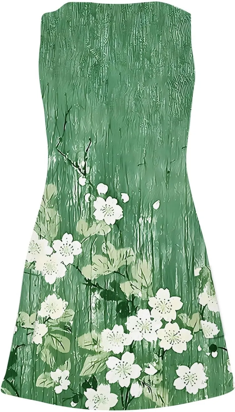Summer Dresses for Women Fashion Beach Vacation Boho Floral Tunic Dress Sexy v Neck Sleeveless Mini Tank Sundress