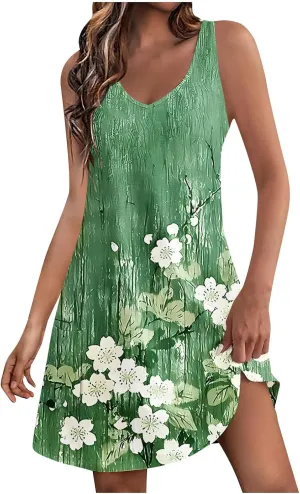 Summer Dresses for Women Fashion Beach Vacation Boho Floral Tunic Dress Sexy v Neck Sleeveless Mini Tank Sundress