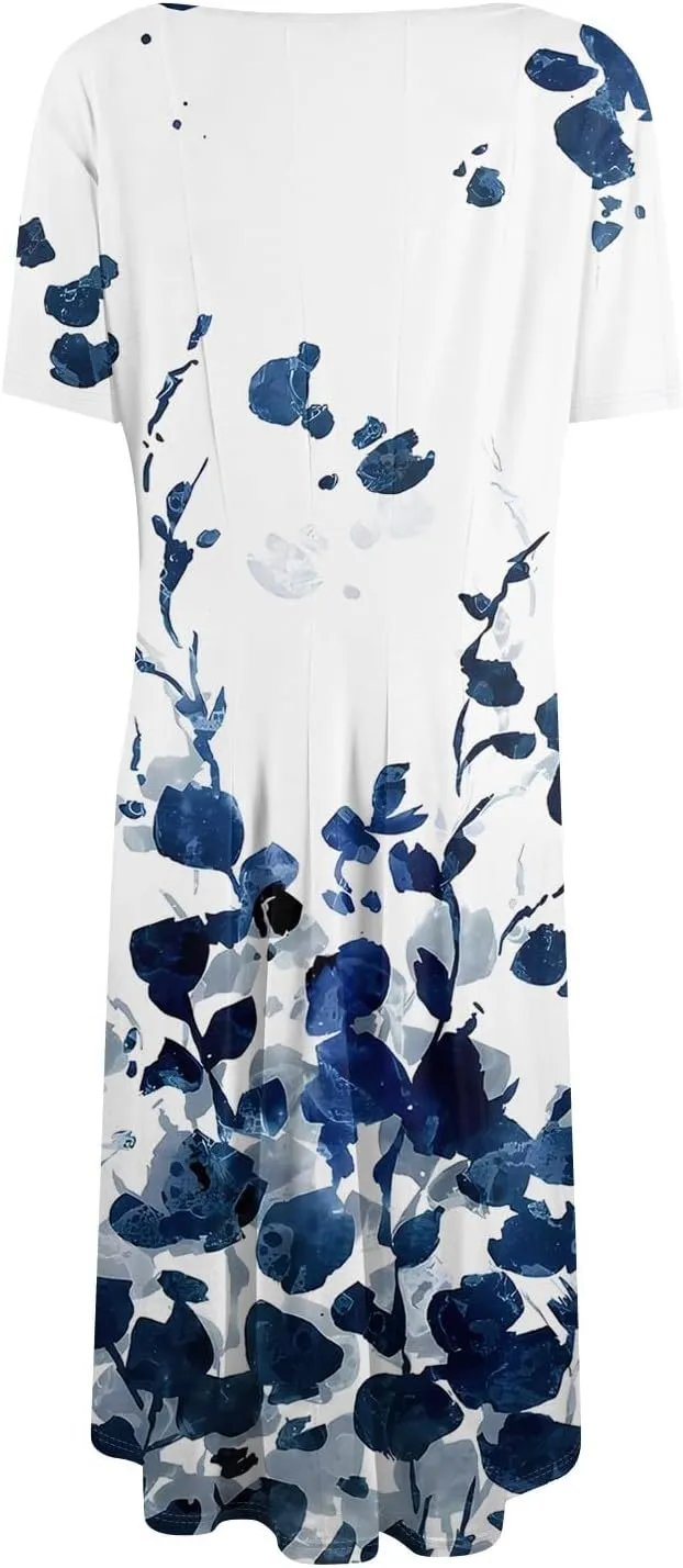 Summer Dresses for Women Flowy Casual Midi Dresses Aline Beach Tshirt Dress Floral Short Sleeve Dress with Pockets