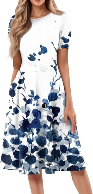 Summer Dresses for Women Flowy Casual Midi Dresses Aline Beach Tshirt Dress Floral Short Sleeve Dress with Pockets