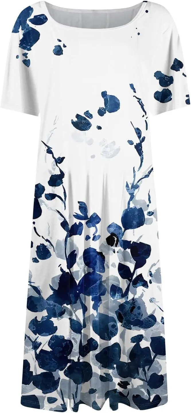 Summer Dresses for Women Flowy Casual Midi Dresses Aline Beach Tshirt Dress Floral Short Sleeve Dress with Pockets
