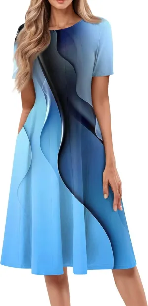 Summer Dresses for Women Flowy Floral Short Sleeve Dress Casual Beach Tshirt Dress Aline Midi Dresses with Pockets
