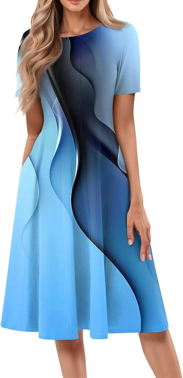 Summer Dresses for Women Flowy Floral Short Sleeve Dress Casual Beach Tshirt Dress Aline Midi Dresses with Pockets