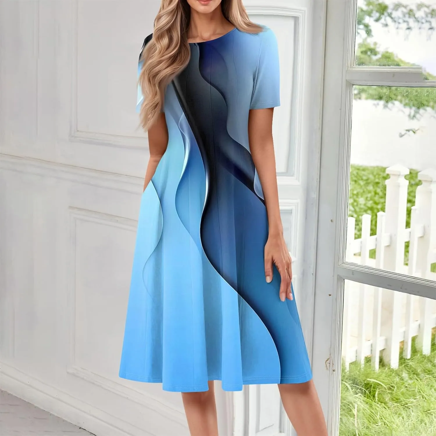 Summer Dresses for Women Flowy Floral Short Sleeve Dress Casual Beach Tshirt Dress Aline Midi Dresses with Pockets