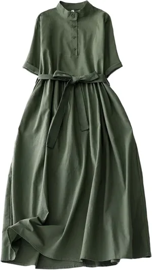 Summer Fashion Cotton Linen Shirt Dresses Women Short Sleeve Button Down High Waist Slim Long Dress Casual Maxi Dress