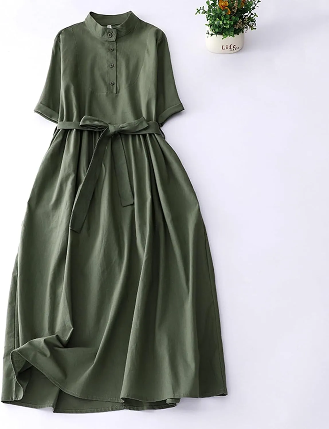 Summer Fashion Cotton Linen Shirt Dresses Women Short Sleeve Button Down High Waist Slim Long Dress Casual Maxi Dress