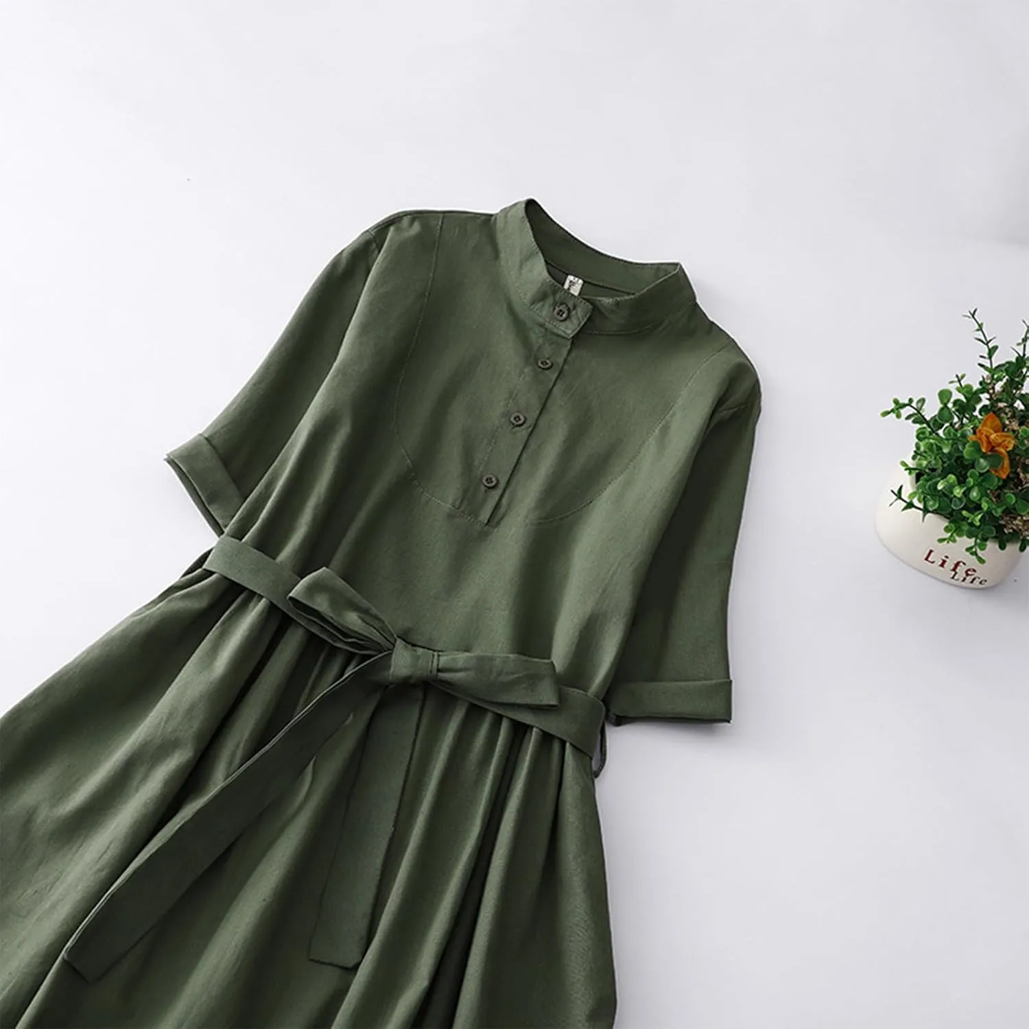 Summer Fashion Cotton Linen Shirt Dresses Women Short Sleeve Button Down High Waist Slim Long Dress Casual Maxi Dress