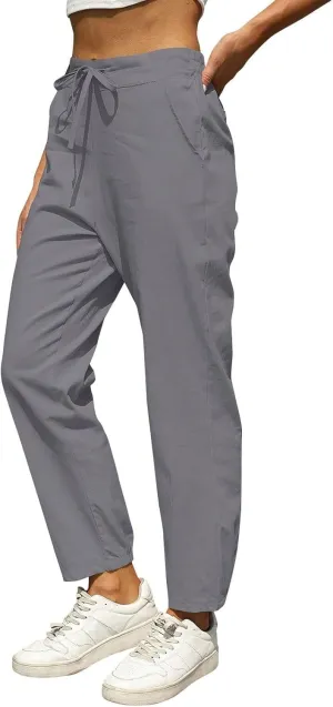 Summer Linen Pants for Women Drawstring Elastic High Waisted Casual Pants Loose Fit Beach Lounge Trousers with Pocket