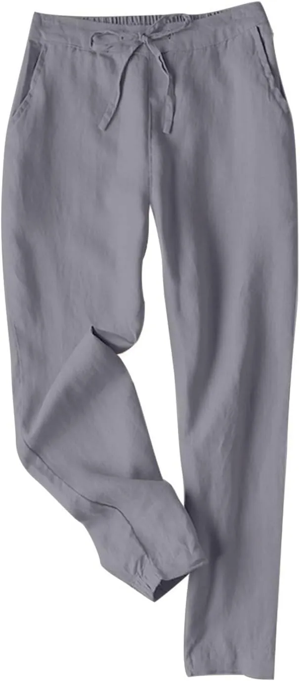 Summer Linen Pants for Women Drawstring Elastic High Waisted Casual Pants Loose Fit Beach Lounge Trousers with Pocket