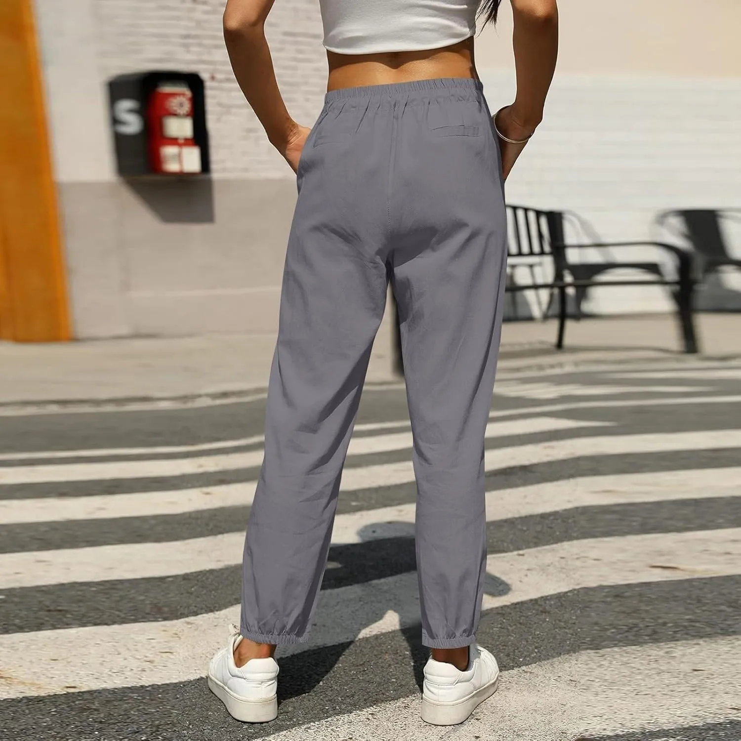 Summer Linen Pants for Women Drawstring Elastic High Waisted Casual Pants Loose Fit Beach Lounge Trousers with Pocket
