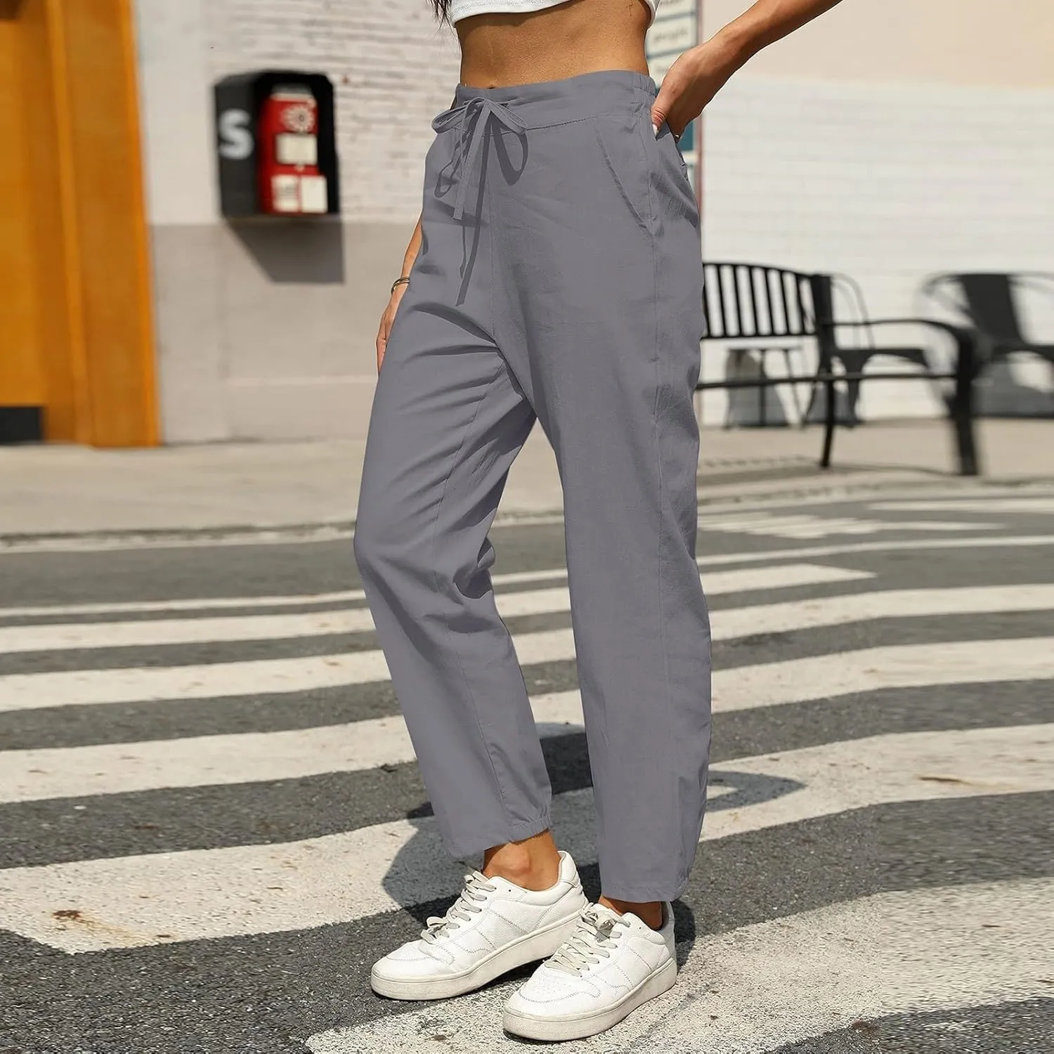 Summer Linen Pants for Women Drawstring Elastic High Waisted Casual Pants Loose Fit Beach Lounge Trousers with Pocket
