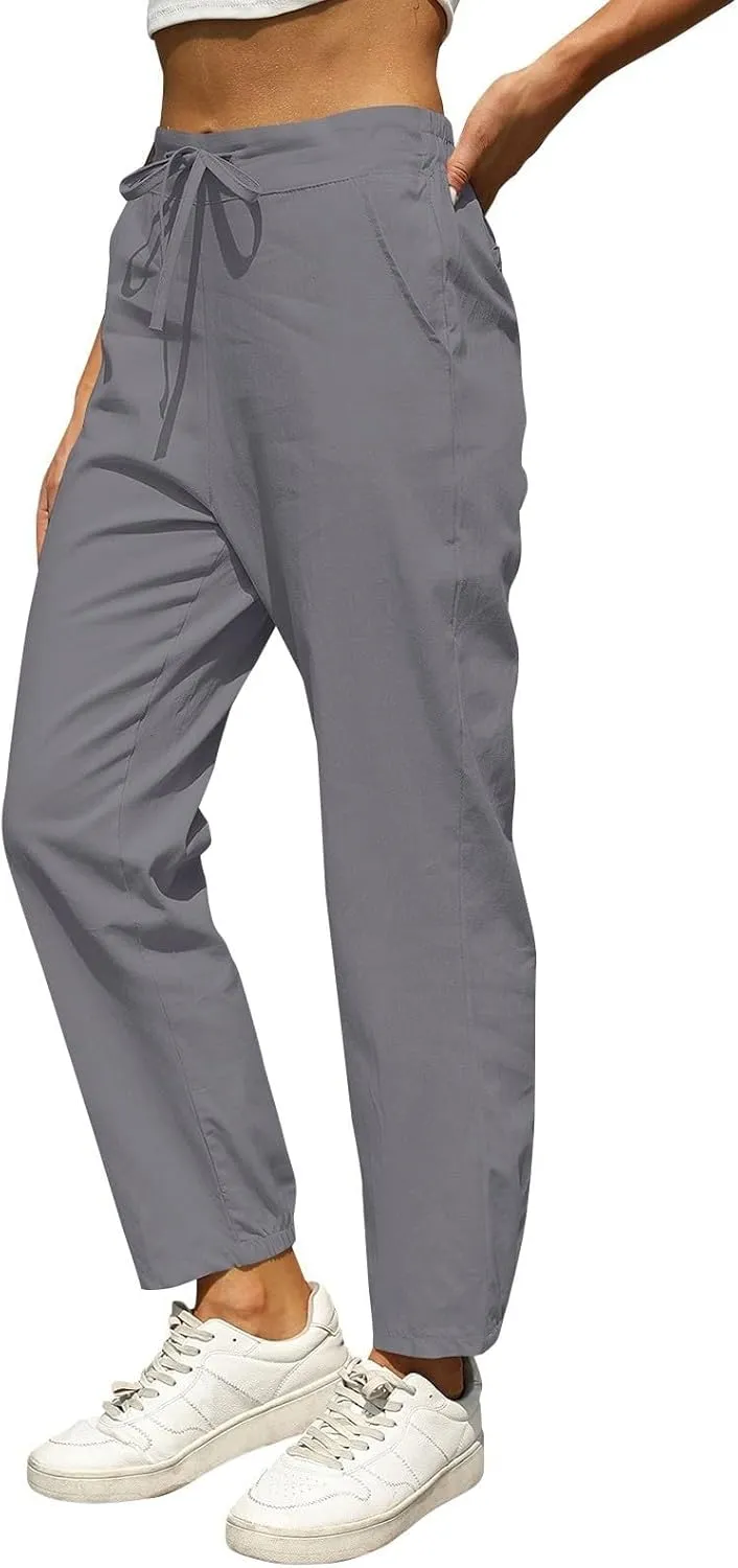 Summer Linen Pants for Women Drawstring Elastic High Waisted Casual Pants Loose Fit Beach Lounge Trousers with Pocket