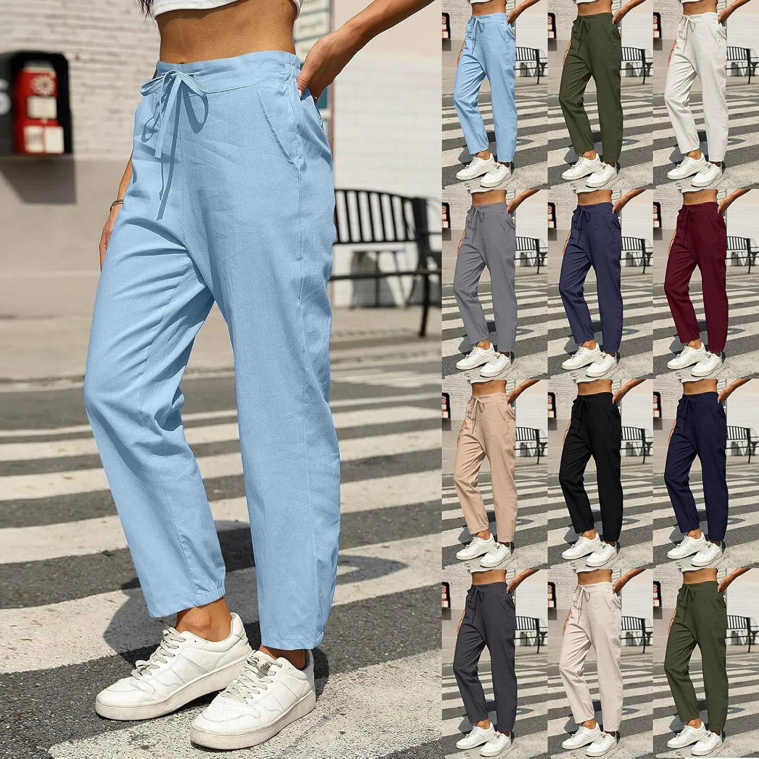 Summer Linen Pants for Women Drawstring Elastic High Waisted Casual Pants Loose Fit Beach Lounge Trousers with Pocket