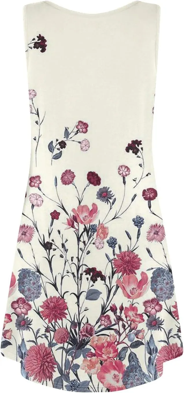 Summer Mini Dresses for Women Casual Trendy Vintage Floral Print Boho Sleeveless A-Line Pockets Beach Tank Sundress