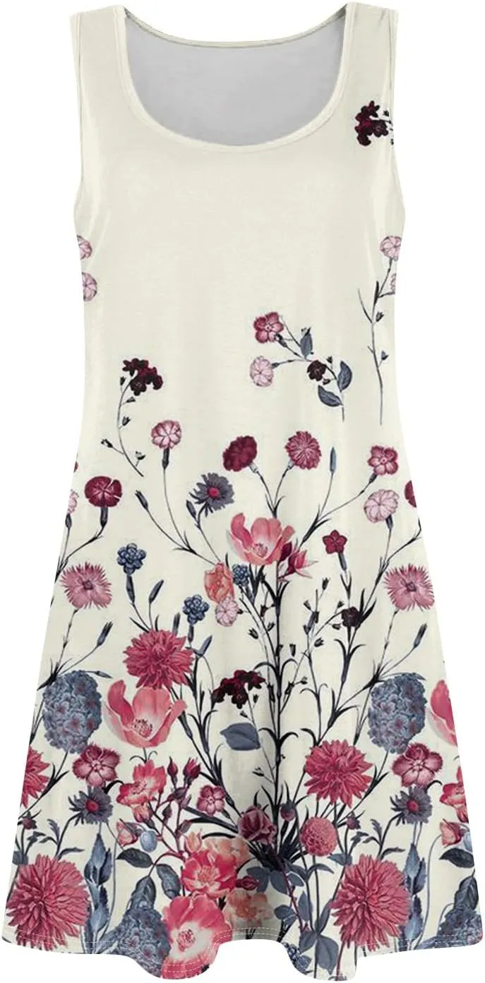 Summer Mini Dresses for Women Casual Trendy Vintage Floral Print Boho Sleeveless A-Line Pockets Beach Tank Sundress
