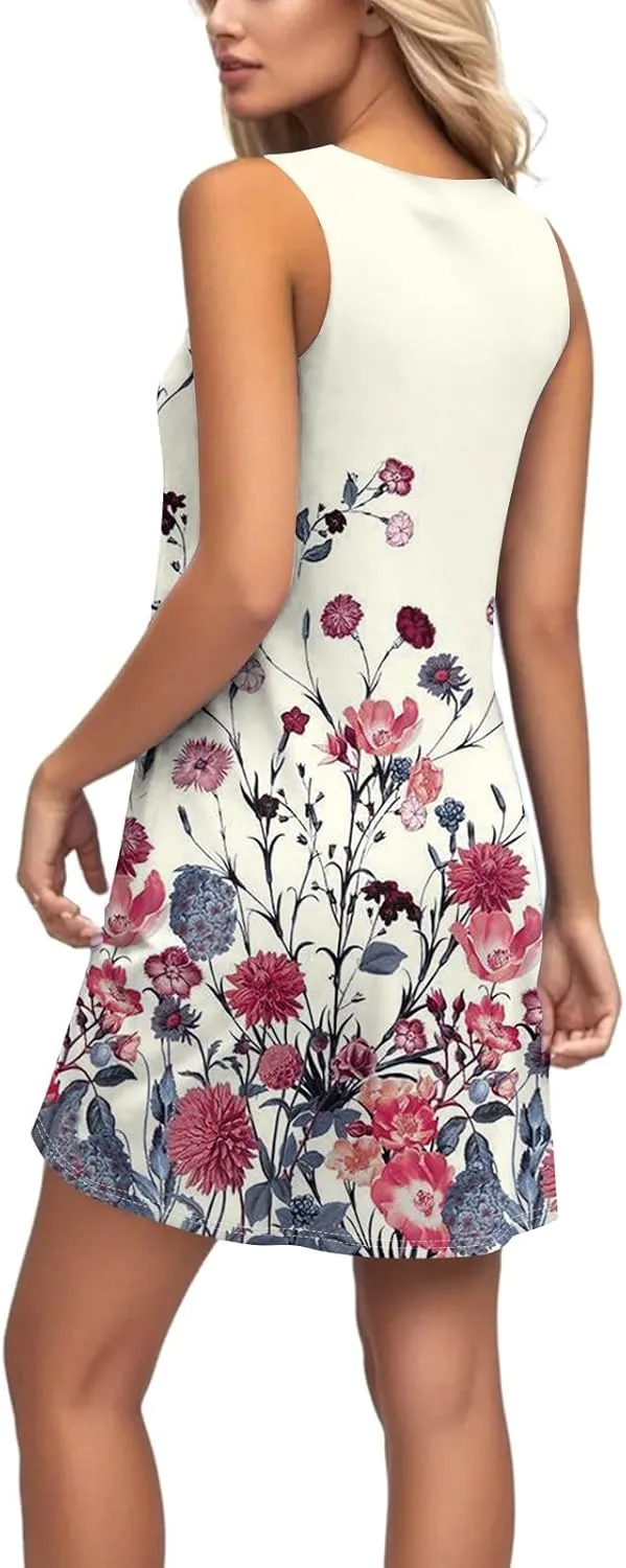 Summer Mini Dresses for Women Casual Trendy Vintage Floral Print Boho Sleeveless A-Line Pockets Beach Tank Sundress