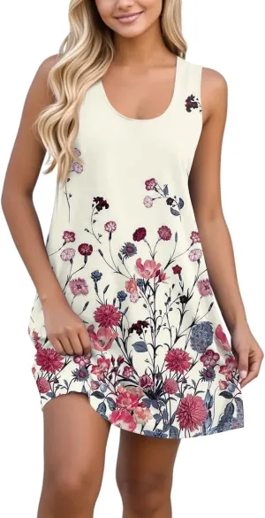 Summer Mini Dresses for Women Casual Trendy Vintage Floral Print Boho Sleeveless A-Line Pockets Beach Tank Sundress