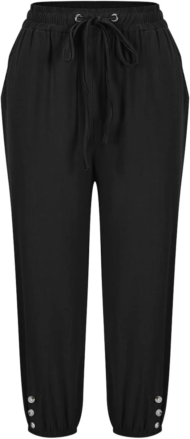Summer Pants for Women 2025 Casual Loose Elastic Waist Trousers with Pockets Loose Fit Beach Vacation Capris Pants Wine 2X