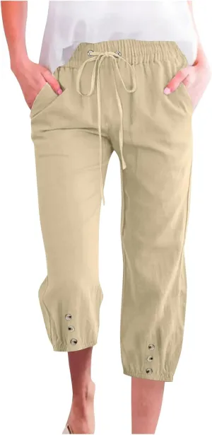 Summer Pants for Women 2025 Casual Loose Elastic Waist Trousers with Pockets Loose Fit Beach Vacation Capris Pants Wine 2X