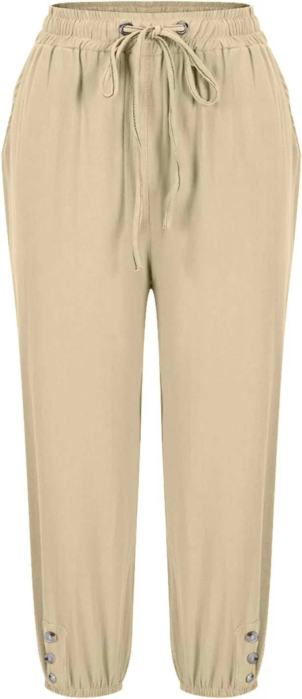 Summer Pants for Women 2025 Casual Loose Elastic Waist Trousers with Pockets Loose Fit Beach Vacation Capris Pants Wine 2X