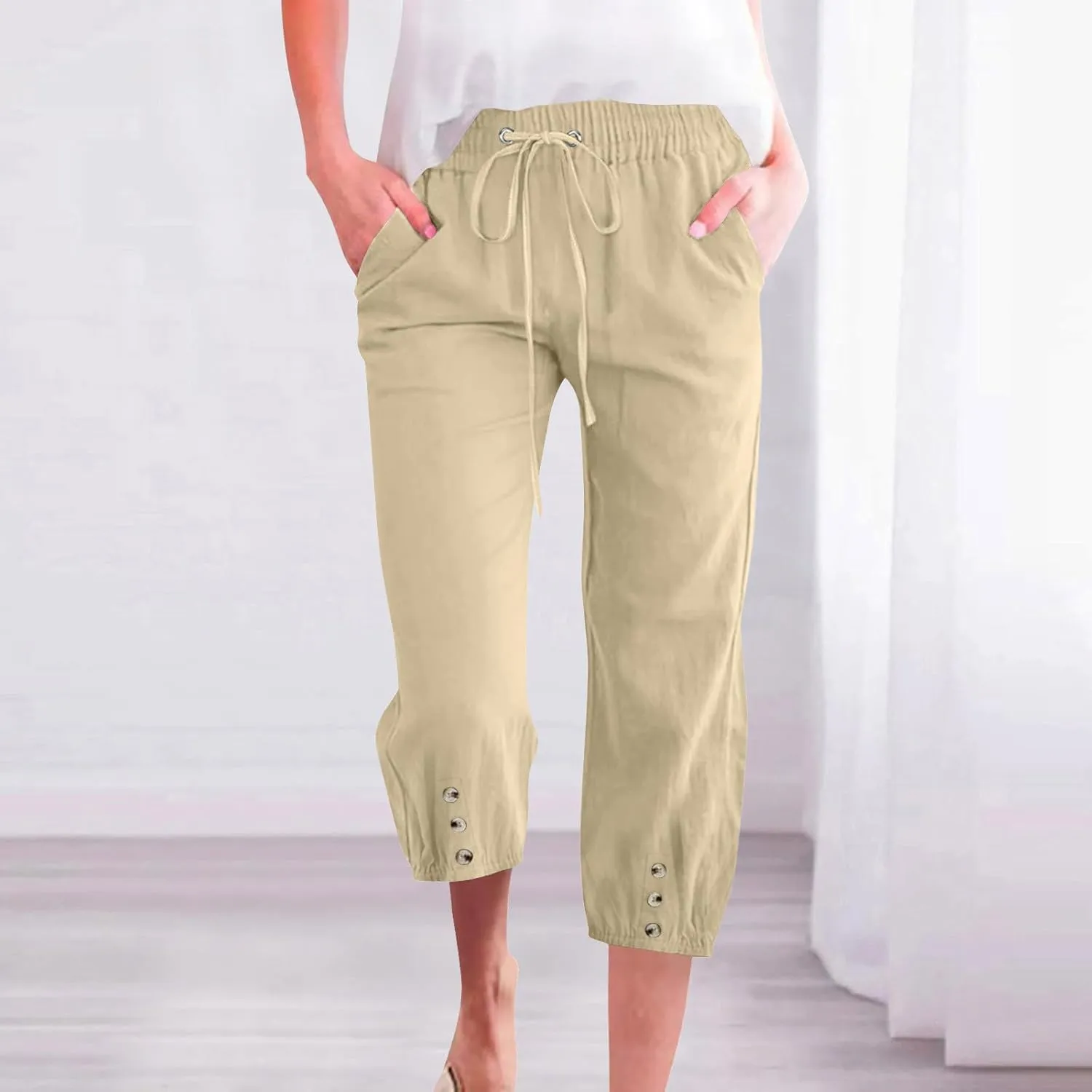Summer Pants for Women 2025 Casual Loose Elastic Waist Trousers with Pockets Loose Fit Beach Vacation Capris Pants Wine 2X