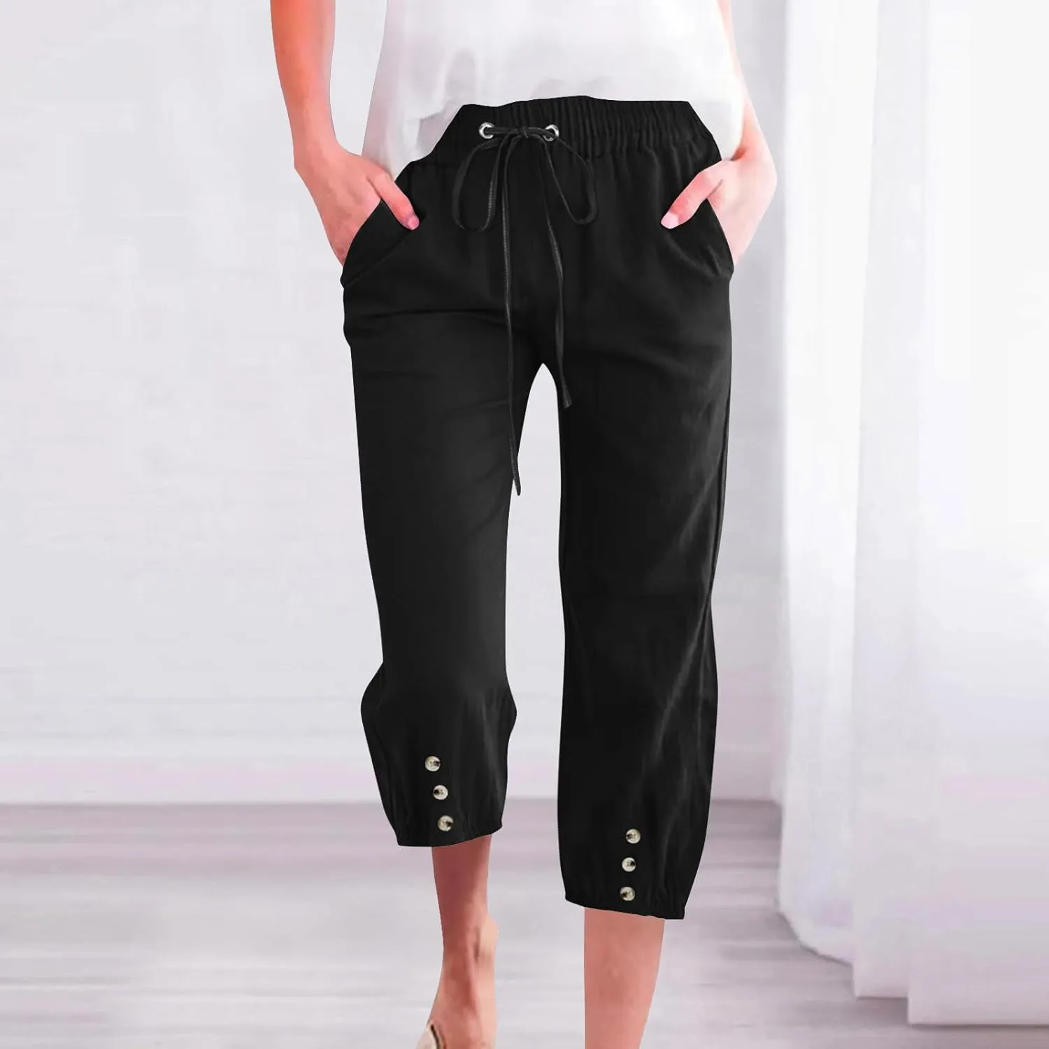 Summer Pants for Women 2025 Casual Loose Elastic Waist Trousers with Pockets Loose Fit Beach Vacation Capris Pants Wine 2X