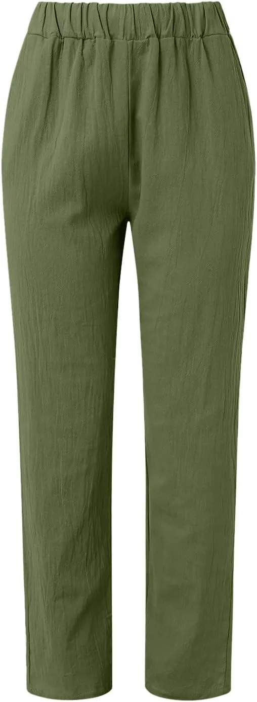Summer Pants for Women Lightweight Cotton Linen Capri Pants Button Side Elastic Waist Casual Trousers Straight Leg Pants