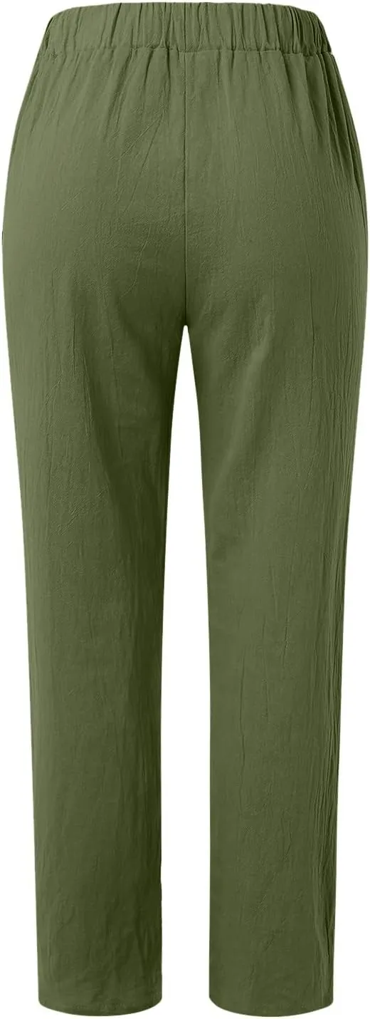 Summer Pants for Women Lightweight Cotton Linen Capri Pants Button Side Elastic Waist Casual Trousers Straight Leg Pants