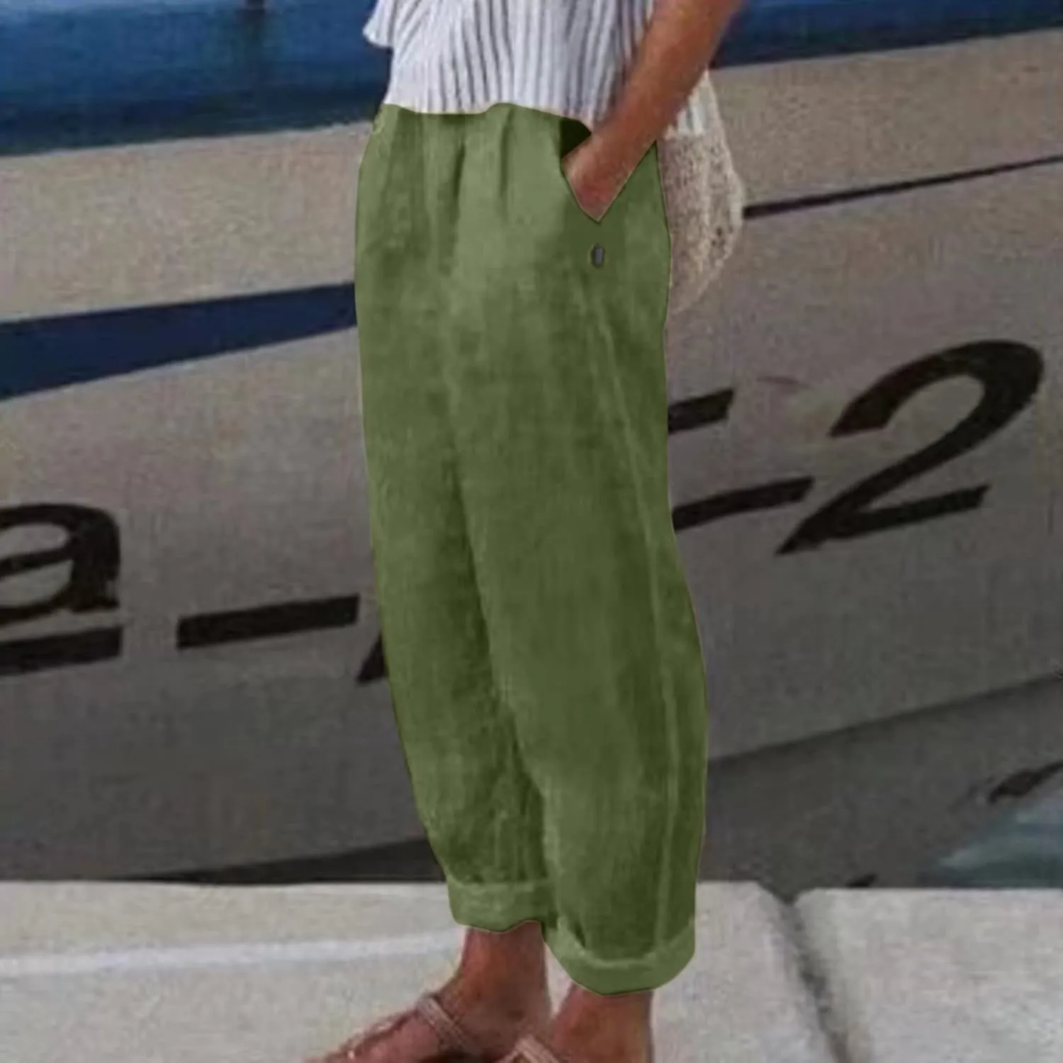 Summer Pants for Women Lightweight Cotton Linen Capri Pants Button Side Elastic Waist Casual Trousers Straight Leg Pants