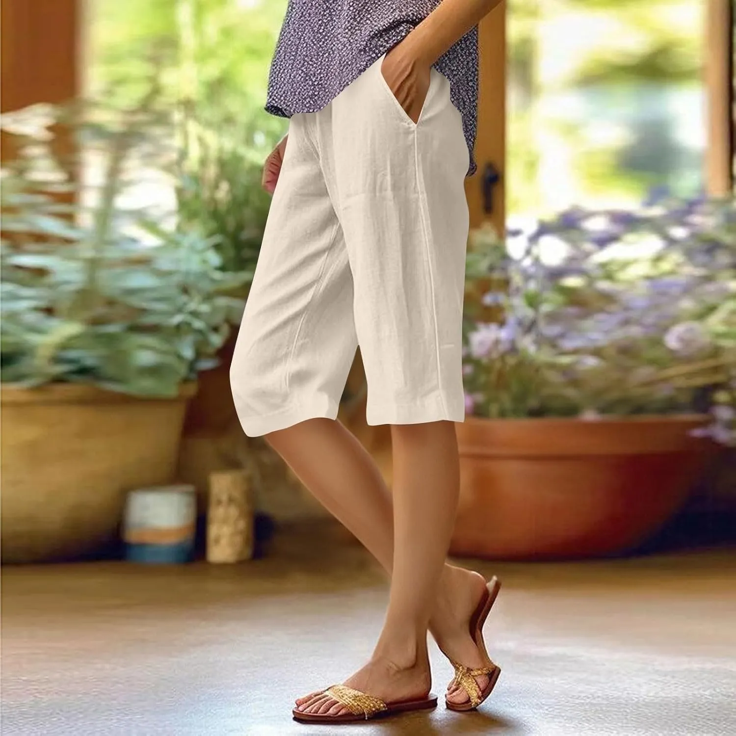Summer Shorts for Women Elastic High Waisted Linen Pedal Pushers with Pockets Business Casual Cropped Work Pants