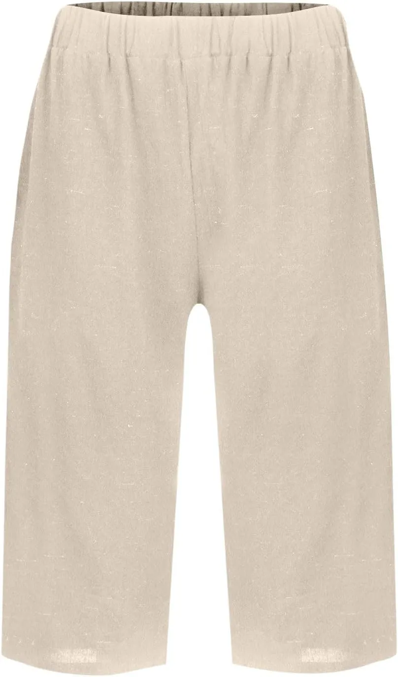 Summer Shorts for Women Elastic High Waisted Linen Pedal Pushers with Pockets Business Casual Cropped Work Pants
