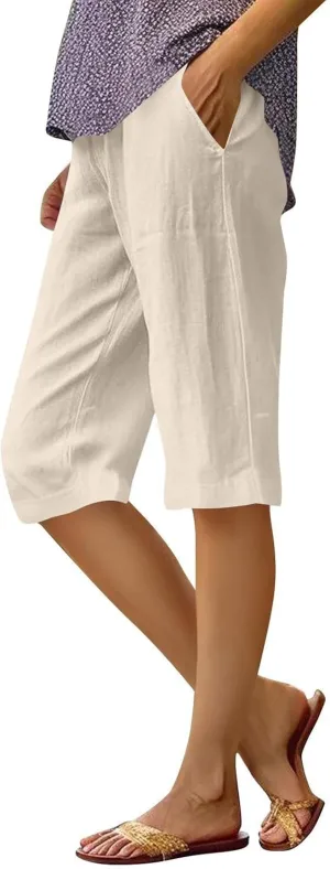 Summer Shorts for Women Elastic High Waisted Linen Pedal Pushers with Pockets Business Casual Cropped Work Pants