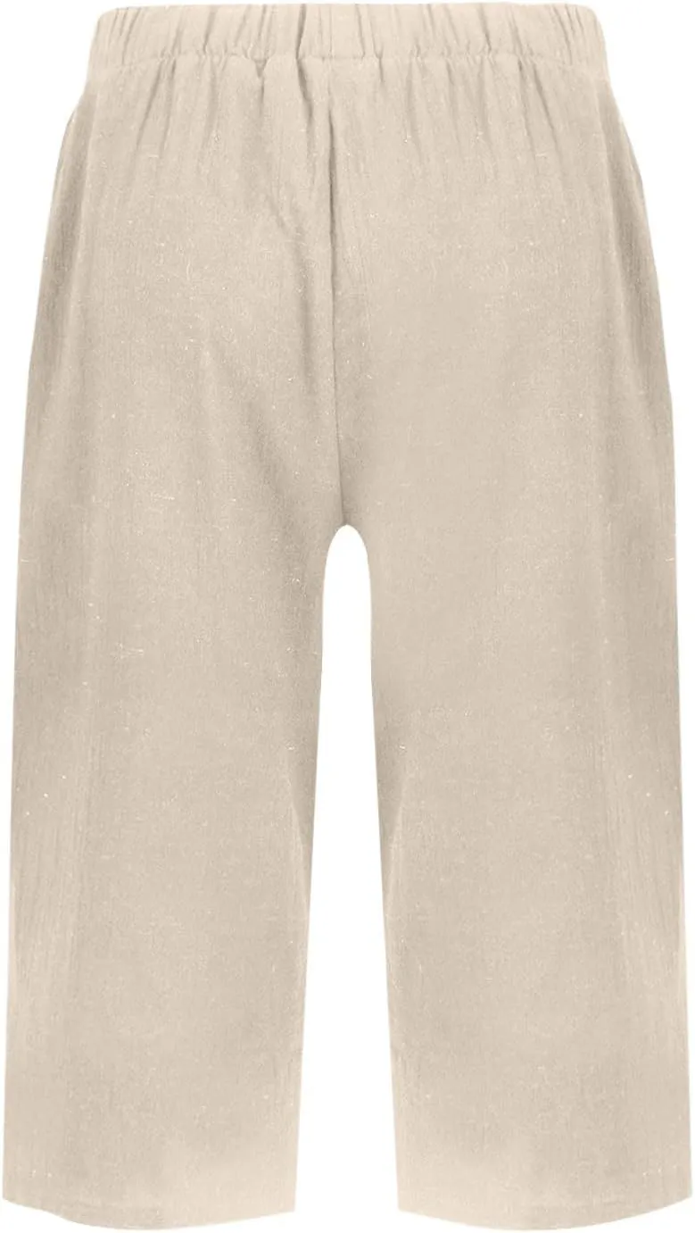 Summer Shorts for Women Elastic High Waisted Linen Pedal Pushers with Pockets Business Casual Cropped Work Pants