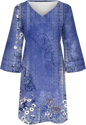 Summer Spring Womens V Neck Cute Shift Dress with Pockets Bell Sleeve Ruffle Hem Loose Swing Summer Tunic Mini Dress