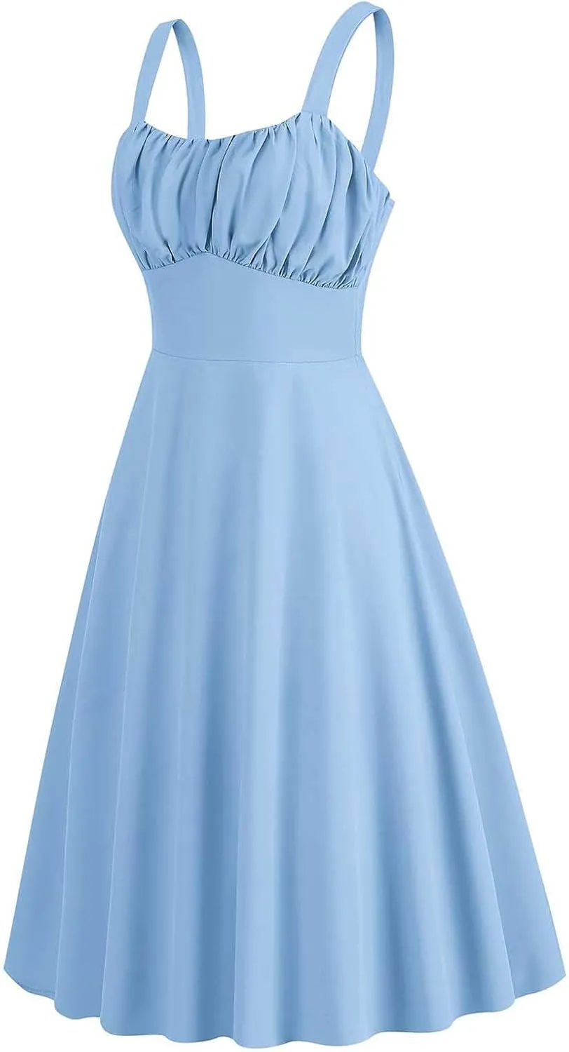 Summer Wedding Guest Dress for Teens Vintage Sleeveless Solid Ruched Cute A-Line Flowy Swing Midi Dress