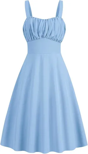 Summer Wedding Guest Dress for Teens Vintage Sleeveless Solid Ruched Cute A-Line Flowy Swing Midi Dress