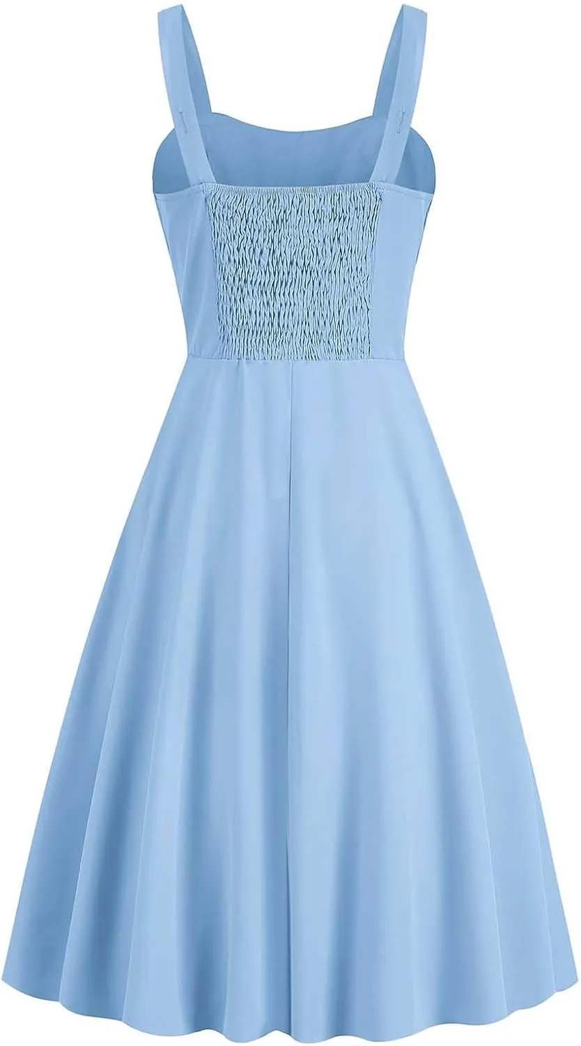 Summer Wedding Guest Dress for Teens Vintage Sleeveless Solid Ruched Cute A-Line Flowy Swing Midi Dress