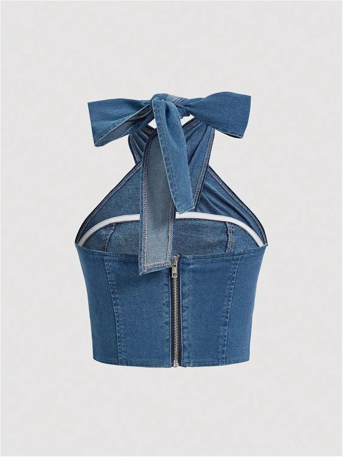 SweatyRocks Women's Crisscross Tie Neck Sleeveless Halter Fitted Ruched Denim Tank Top