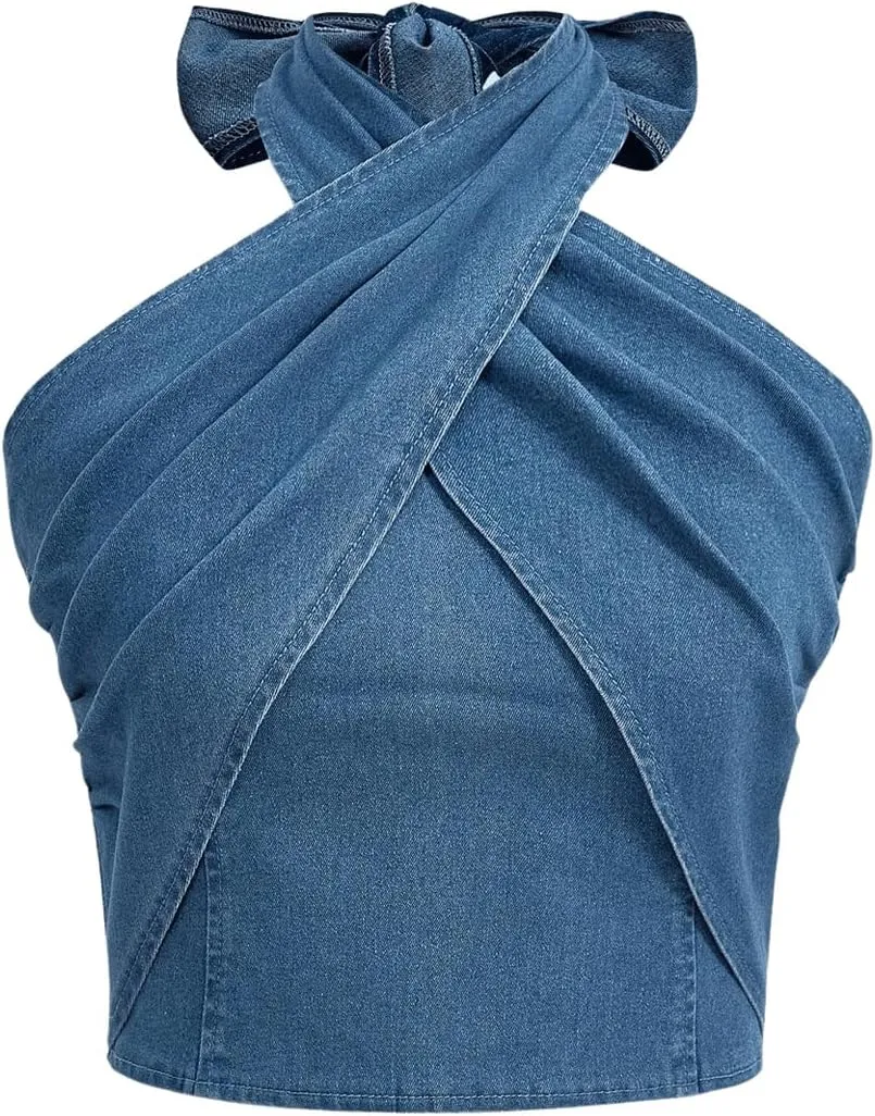 SweatyRocks Women's Crisscross Tie Neck Sleeveless Halter Fitted Ruched Denim Tank Top