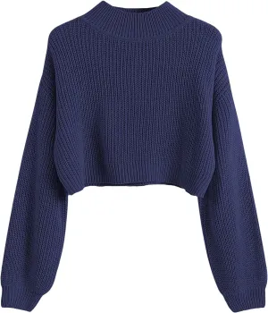 SweatyRocks Women's Long Sleeve Mock Neck Cropped Sweater Drop Shoulder Pullover Sweater Lantern Sleeve Ribbed Knit Crop Top